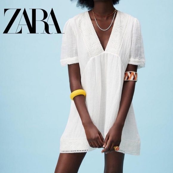 Zara Dresses & Skirts - ZARA embroidery white linen cotton blend V neck mini dress size Large L